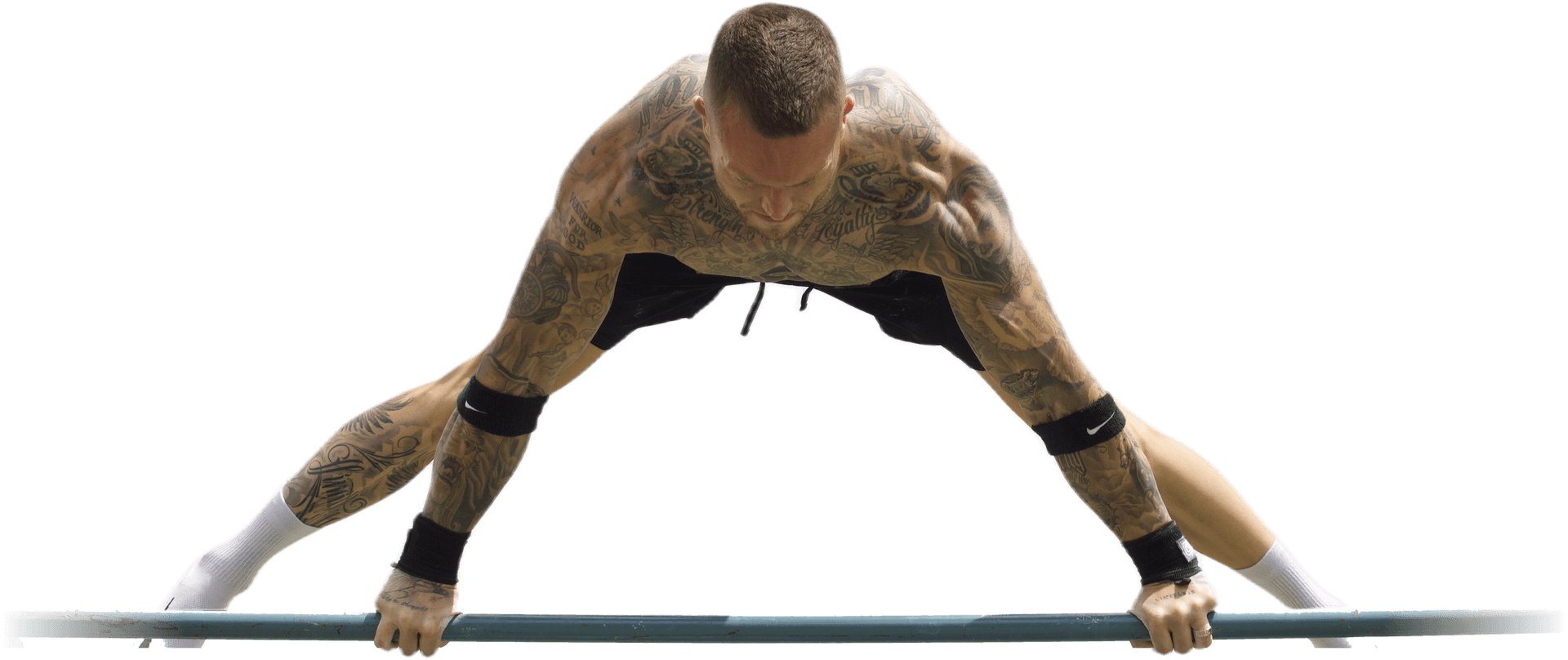 A SASWCA athlete holding a straddle planche on a high bar at Beastmode Battles 2025.
